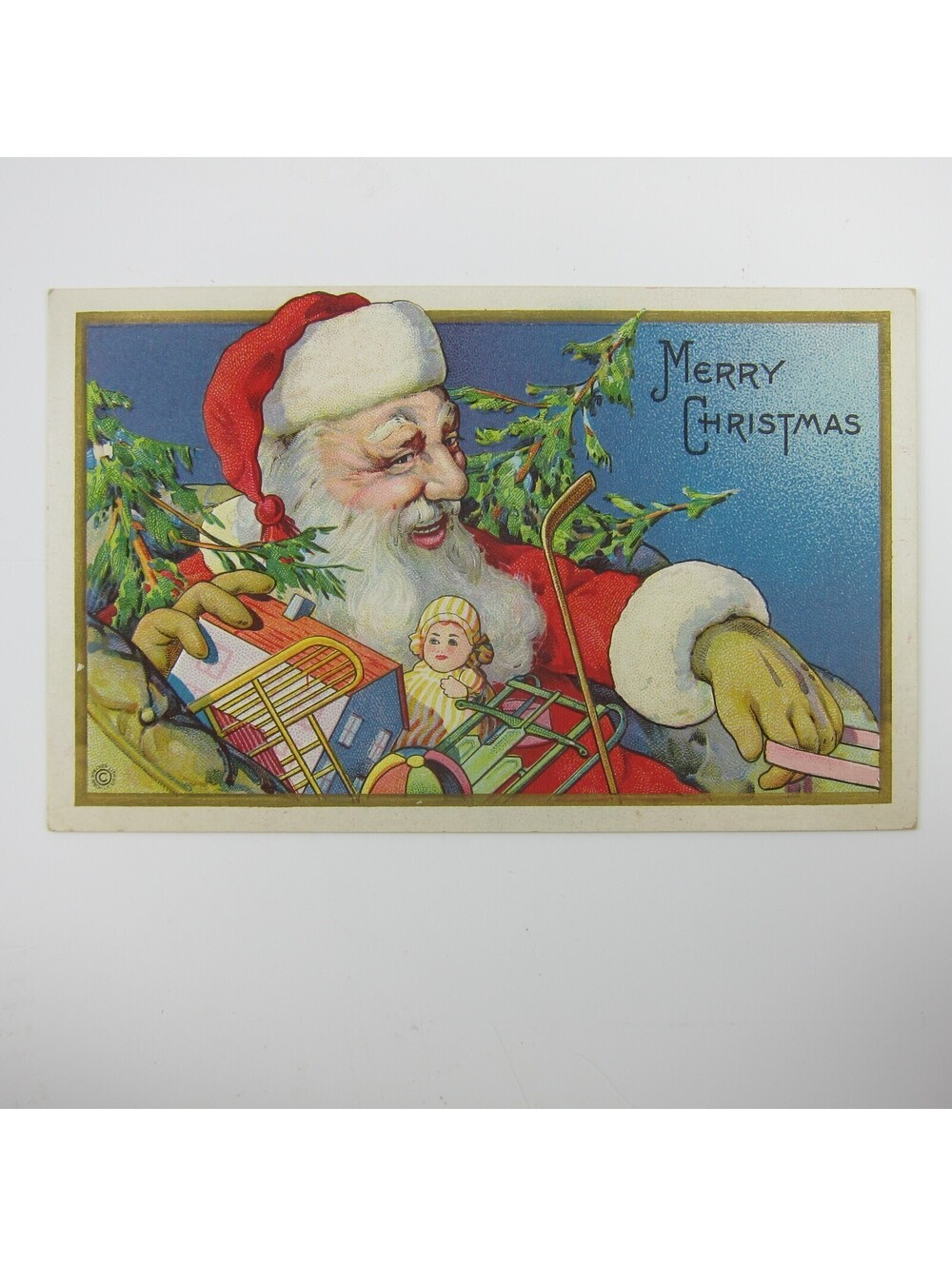 Vintage Christmas Postcard Santa in Sleigh Doll Toys & Trees Embossed Antique